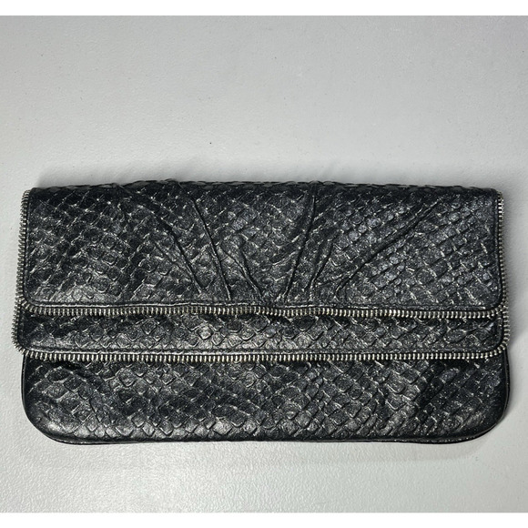 Lauren Merkin Clutch Fold Over Snakeskin Pattern Layered Pockets Zipper Purse - Picture 1 of 9